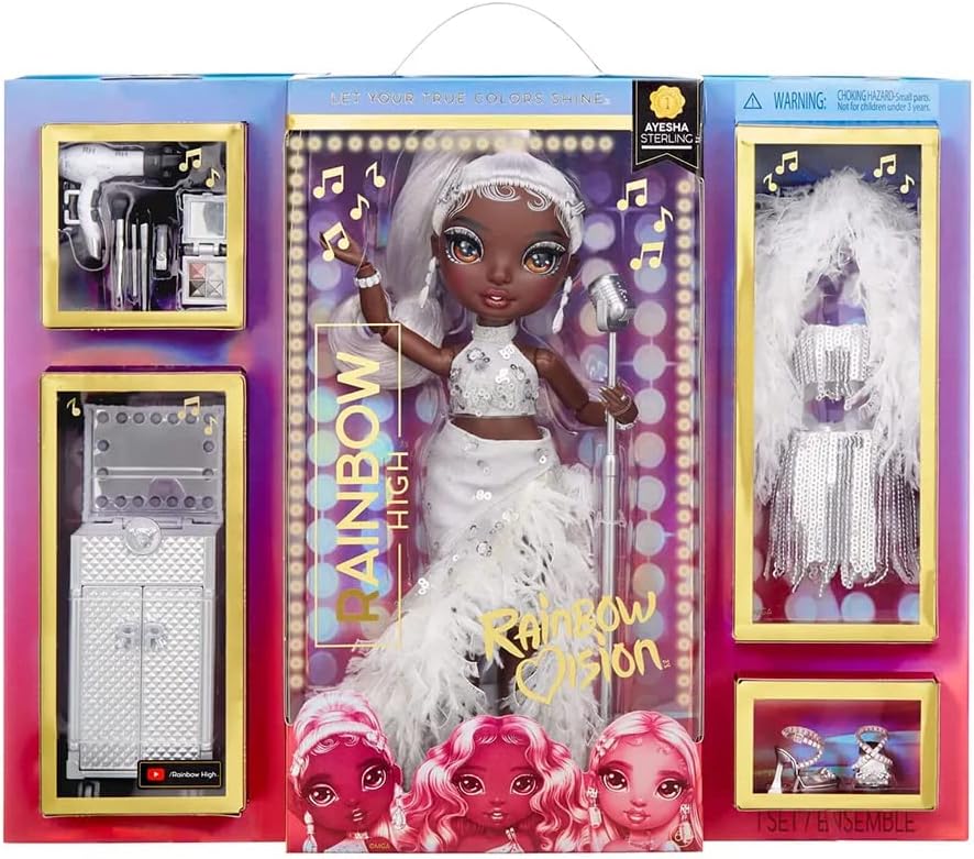 Rainbow Vision Rainbow Divas- Ayesha Sterling (Silver) Posable Fashion Doll with 2 Designer Outfits to Mix & Match + Vanity Playset, Great Toy Gift for Kids 6-12 Years Old & Collectors