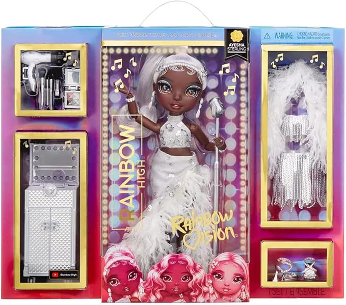 RAINBOW HIGH 582724 Vision Divas, Ayesha Sterling, Muñeca de Moda Plateada, Vestidos, Accesorios, Micrófono y tocador, Edad: 6+ años, Ayesha Sterling