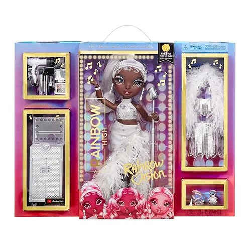 Rainbow High Rainbow Vision Rainbow Divas- Ayesha Sterling (Plata) Muñeca de Moda Posable con 2 Vestidos de Diseñador para Mezclar y Combinar + Set de Maquillaje, Gran Regalo de Juguetes para Niños de 6-12 Años y Coleccionistas