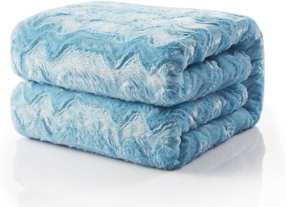 Tache Light Sky Blue Throw Super Soft Warm Faux Fur with Ivory Sherpa Back Blanket - 63x87