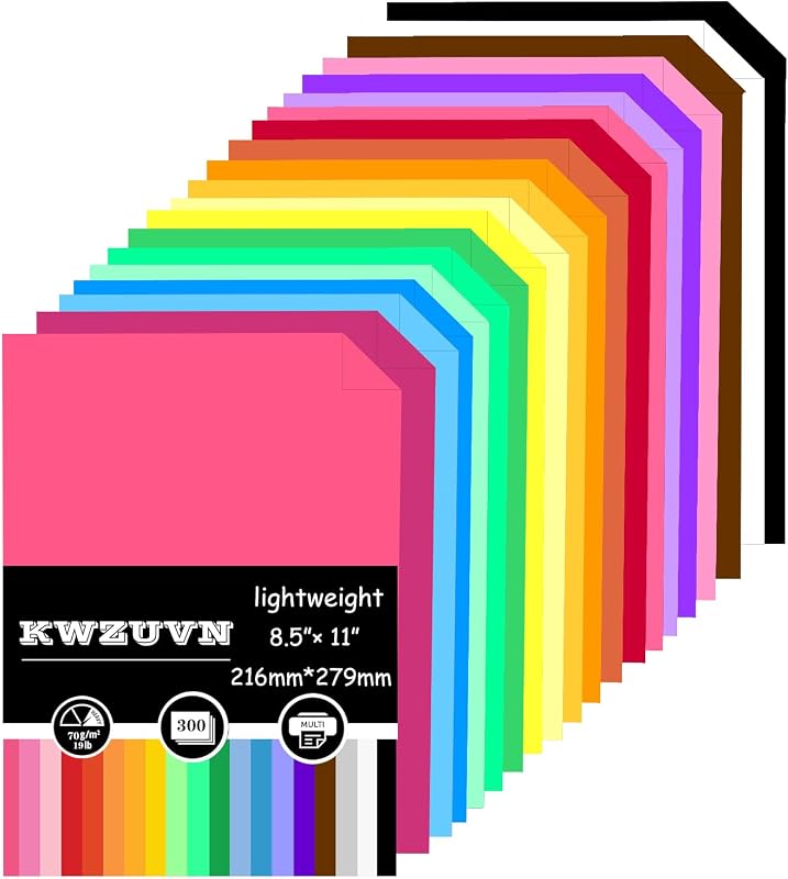 300 hojas de papel de colores, papel de impresora de colores de 8,5 x 11, papel de construcción ligero, papel de origami de doble cara para manualidades y arte, 20 colores surtidos (70 g/m²)