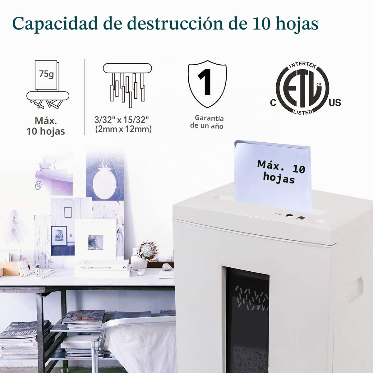 WOLVERINE - Trituradora ultrasilenciosa de Alta Seguridad P5 y microcorte de hasta 10 Hojas de Papel Resistente, CD o Tarjetas, 60 min de Funcionamiento continuado, SD9112, Blanco