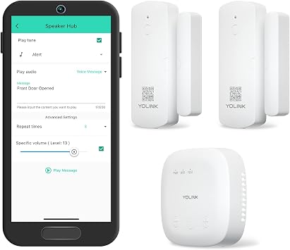 YoLink SpeakerHub & Two Door Sensors Smart Home Starter Kit – Audio Hub Plays Tones/Sounds, Spoken Messages, LoRa-Powered ¼ Mile Range, WiFi Required