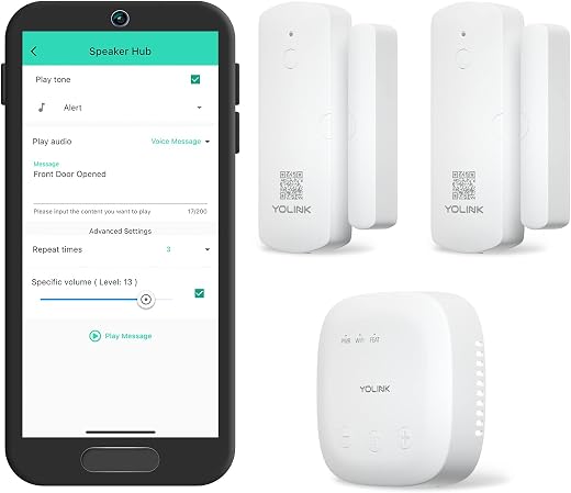 YoLink SpeakerHub and Two Door Sensors,Smart Home Starter Kit,Audio Hub Plays Tones/Sounds,Spoken Messages,0.7km Range Pow...