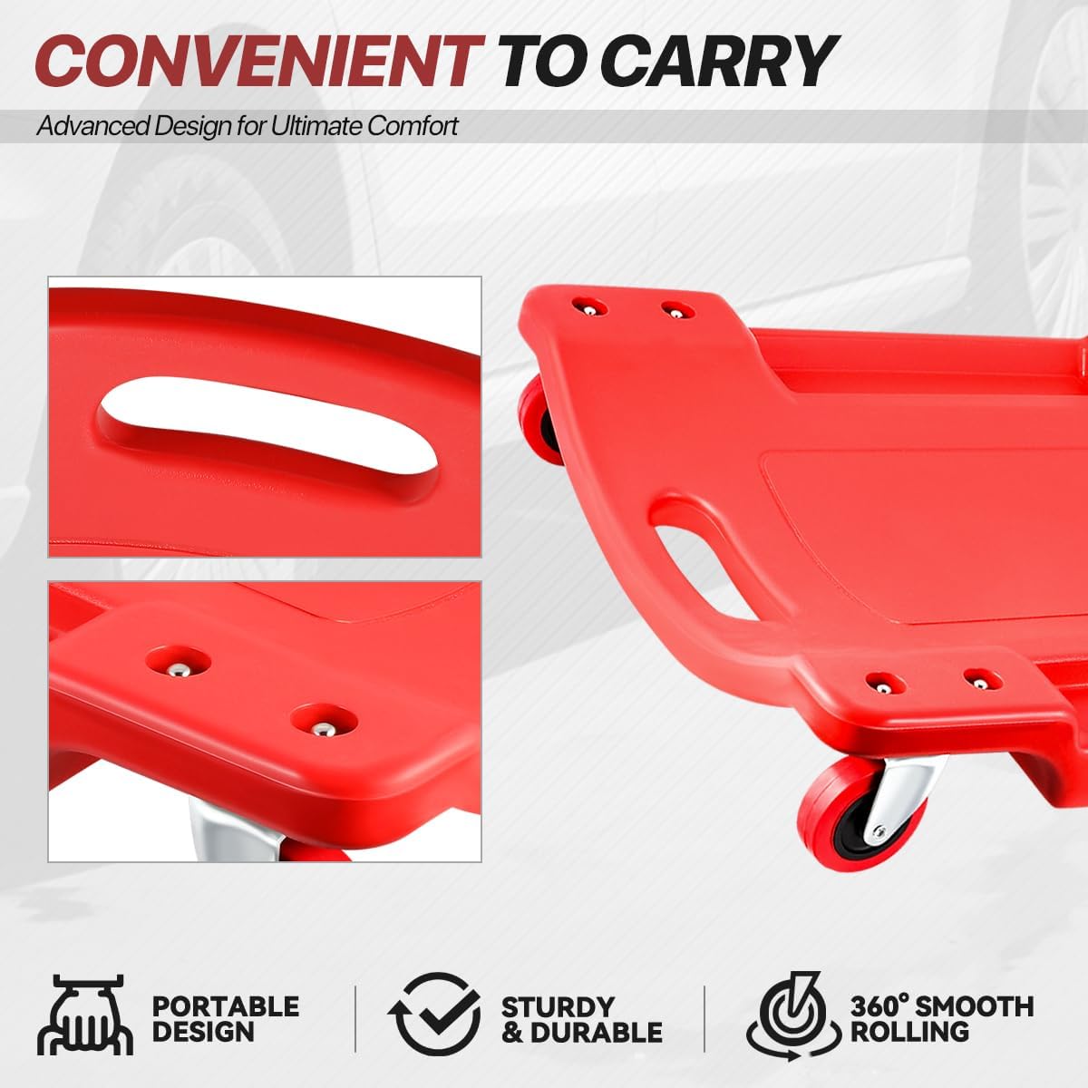 Mechanic Creeper 36 Inch, Low Profile Under Car Rolling Creeper with Padded Headrest and Tool Trays, 300 LBS Capacity, Ergonomic Body Design, Red