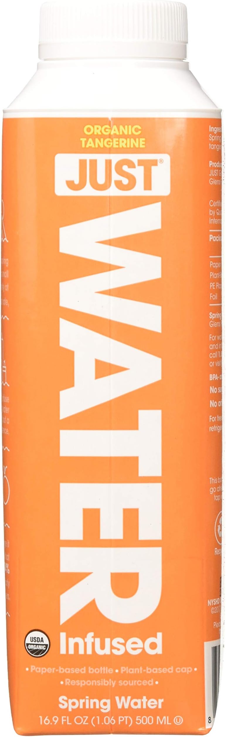 JUST Water Infused - Organic Fruit Flavored Spring Water - Eco-Friendly Boxed Bottled Water - Zero Sugar, Artificial Flavors, or Sweeteners, 8.0 Alkaline pH - Tangerine, 16.9 fl oz (Pack of 12)