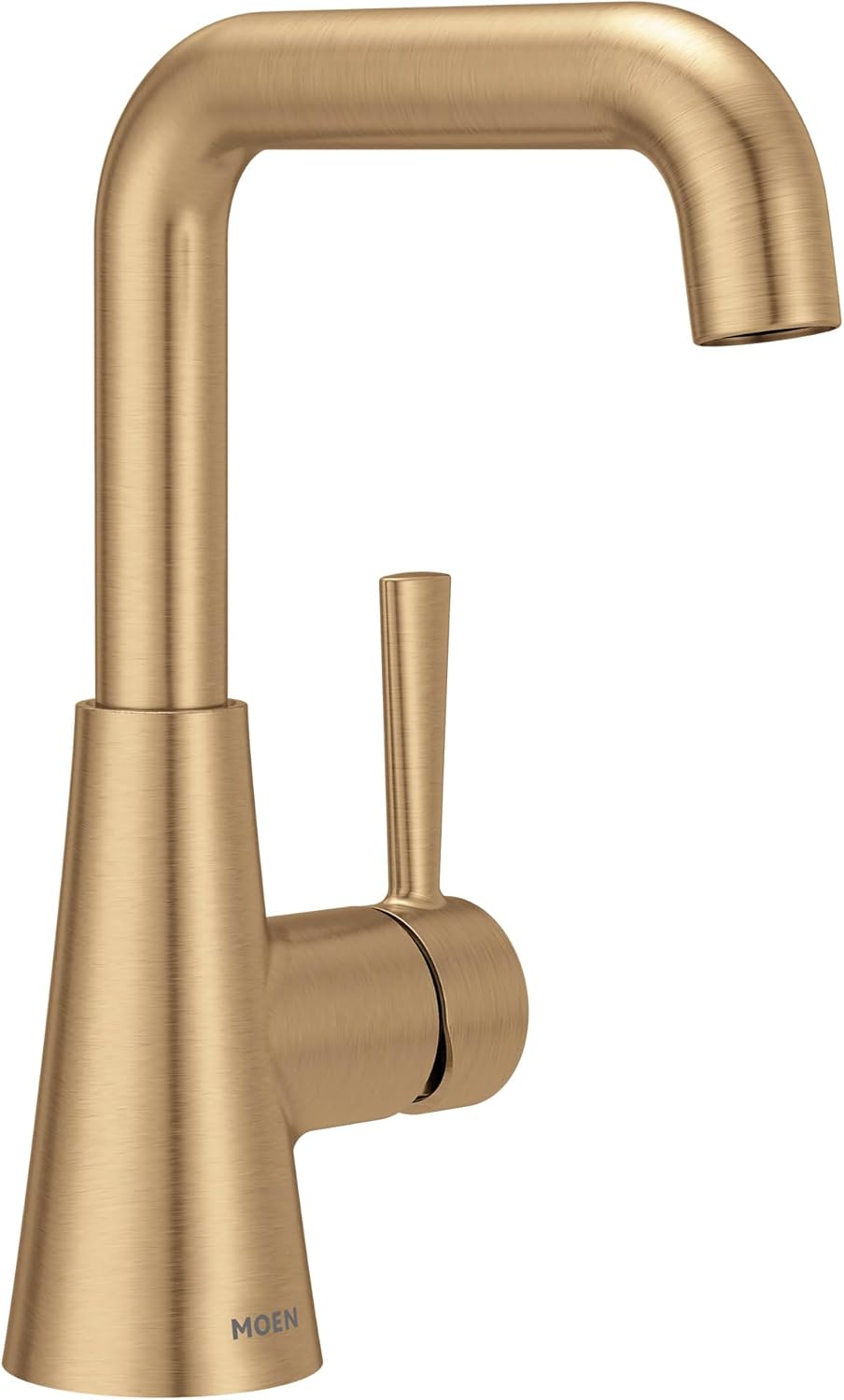 Moen Ronan Bronzed Gold Double Bend Single Hole Modern Bathroom Sink Faucet with Optional Deckplate and Spring Loaded Drain Assembly, 84024BZG