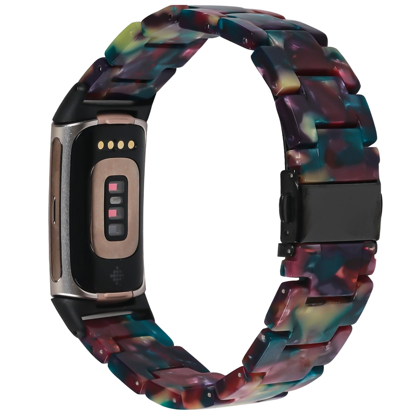 JOPLKOL Resin Strap Compatible with Fitbit Charge 6/ Fitbit Charge 5, Waterproof & Lightweight Bracelet Wristband Replacement with Stainless Steel Buckle (Purple Green Flower)