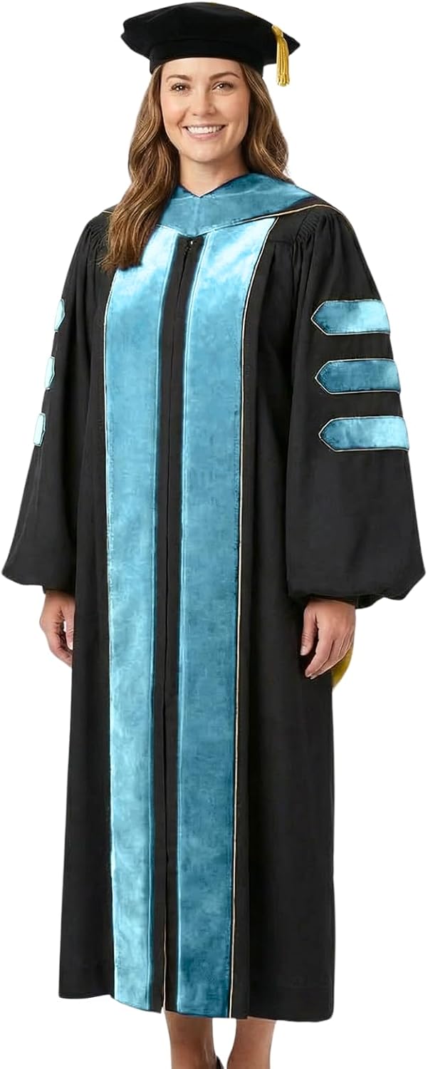 Doctoral Regalia Set with PhD Hood and 8-Side Tam Graduation Gown with Gold Piping and Velvet Trim Ceremony Attire