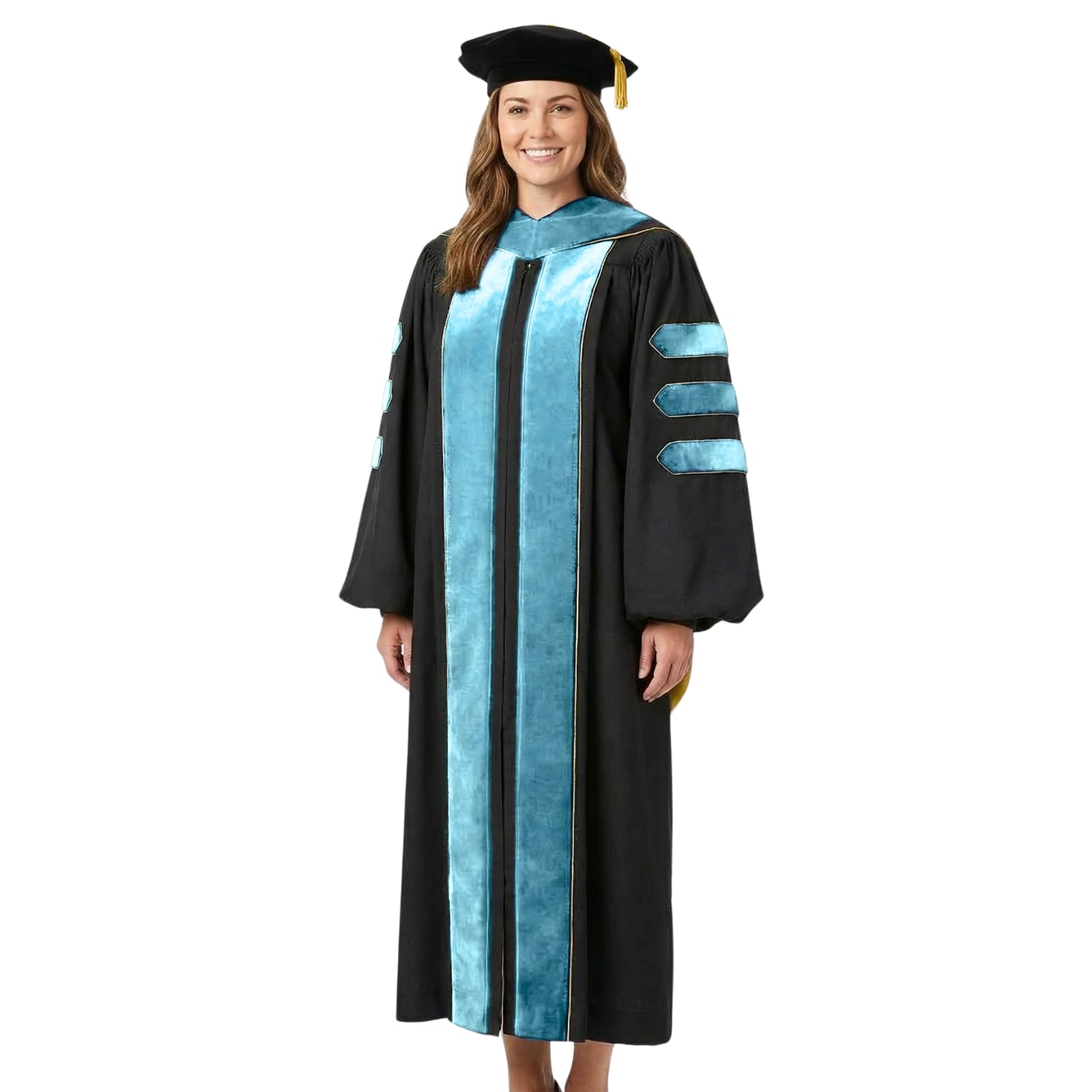 GAMYPET Doctoral Regalia Set with PhD Hood and 8-Side Tam Graduation Gown with Gold Piping and Velvet Trim Ceremony Attire