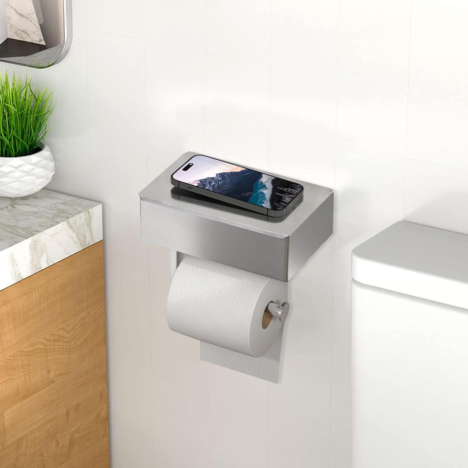 GUIGUZI Portarrollos para Papel Higiénico - Portarrollos Baño Acero Inoxidable - Portarollos Papel Higienico con Estante - Porta Rollo Papel de baño Taladro o Autoadhesivo Instalar (Plata)