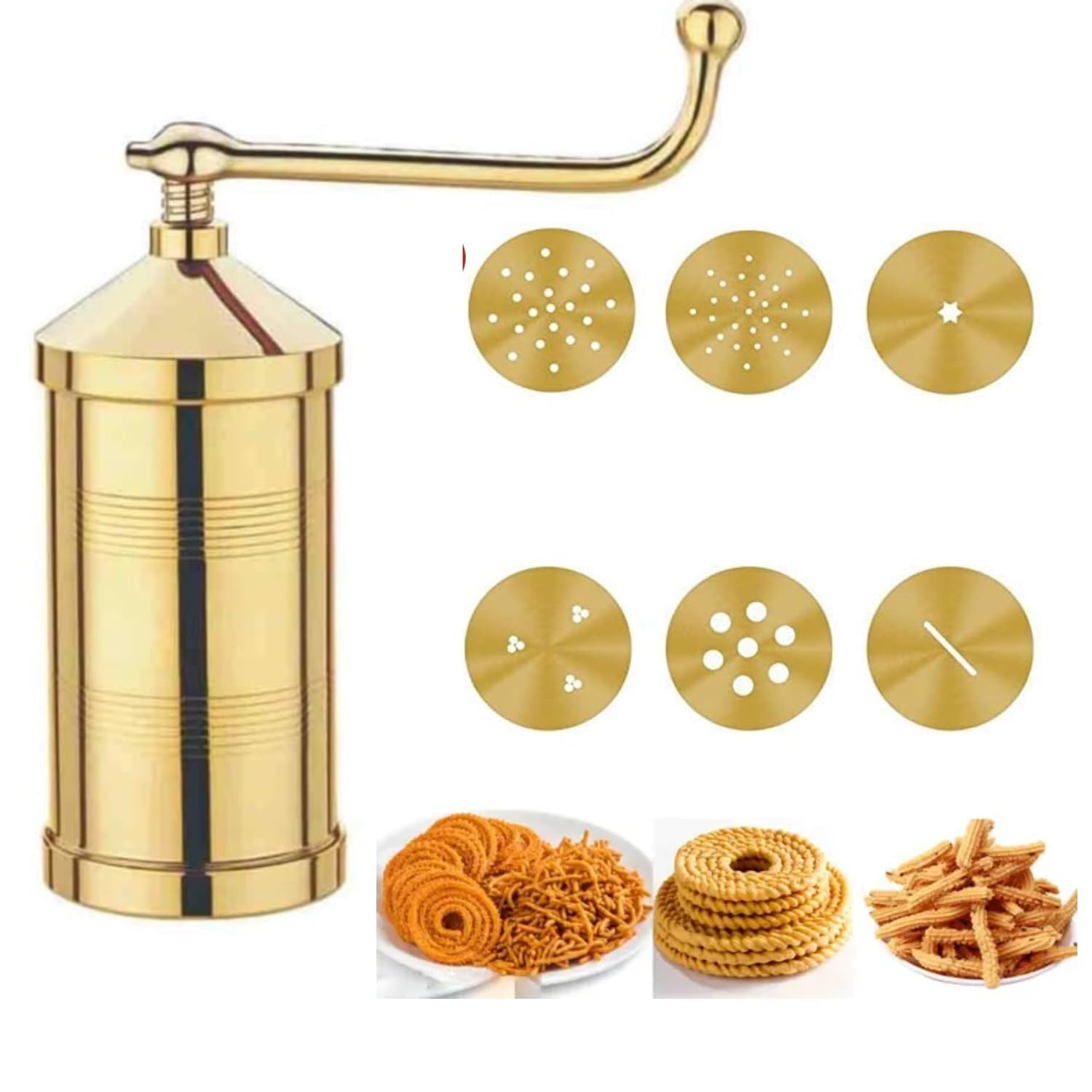 PUSHPA BAA Elegant Pure Brass Sev Chakli Gathiya Sevaia Maker with Removable Bottom Sancha Murukulu Janthikulu Press Machine (Brass, 450gm, Elegant) 1