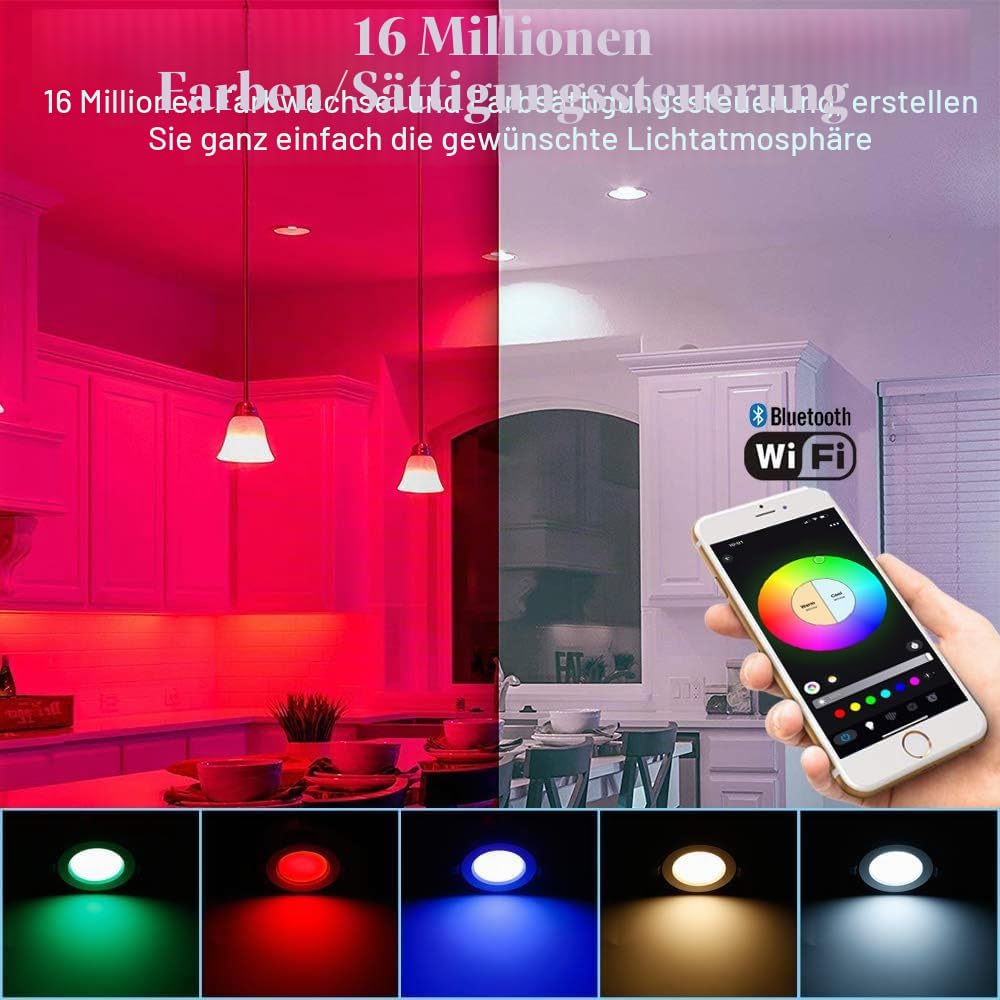 10er LED Einbaustrahler 230V RGBWC+CCT-WIFI/Bluetooth 9W LED Spots led Einbauspots Flach Dimmbar, RGB+2700K-6500K, APP Steuerung, Deckenleuchte Lampe mit Fernbedienung Kompatibel mit Alexa Google Home