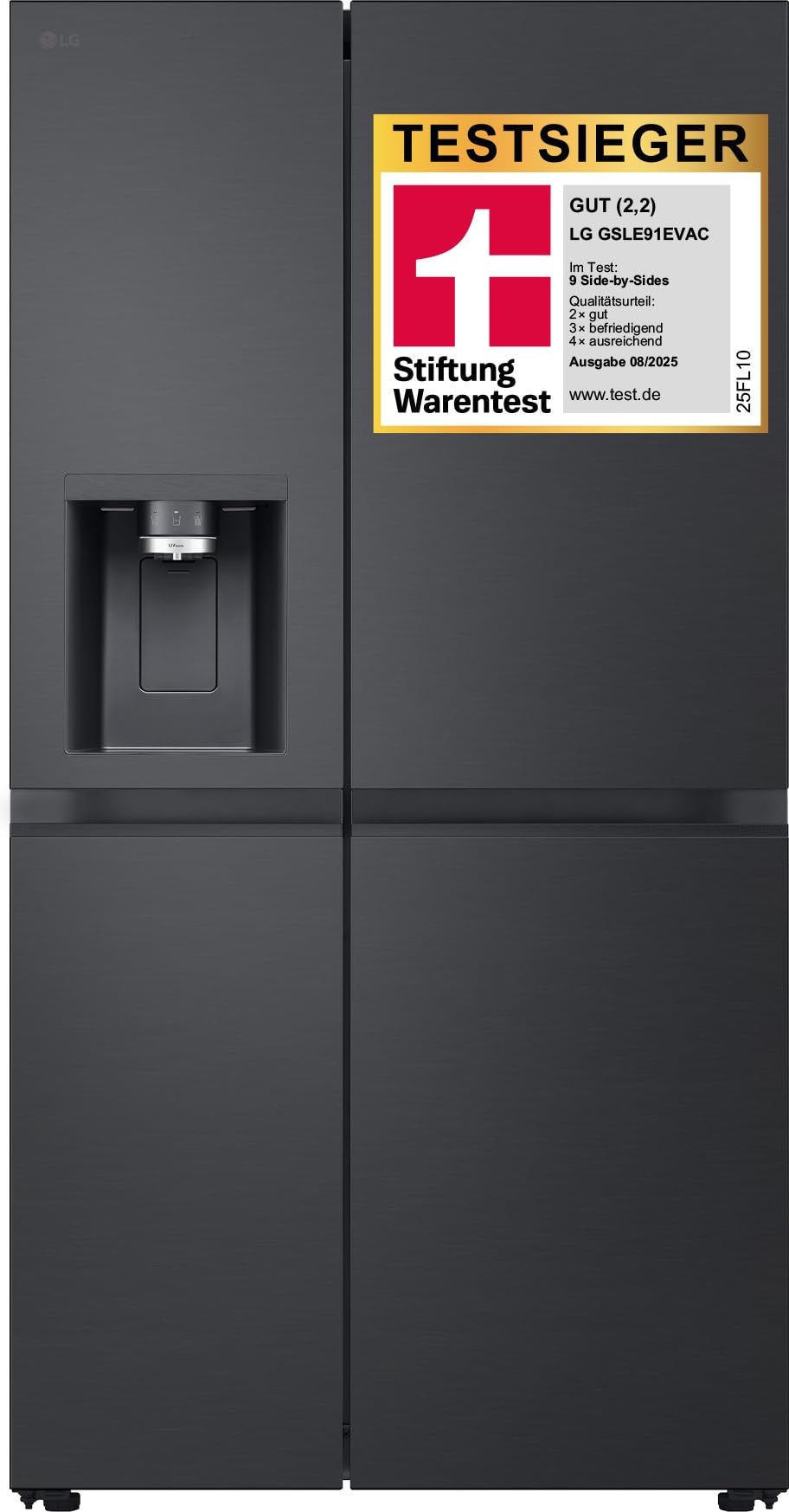 LG GSLE91EVAC Side by Side Kühlschrank, Klasse C, 628 L, Multi-Door Kühlschrank mit Gefrierfach, Eis-, Crushed Ice- Wasserspender mit UVnano, Total NoFrost, Smart Inverter Kompressor, Wi-Fi