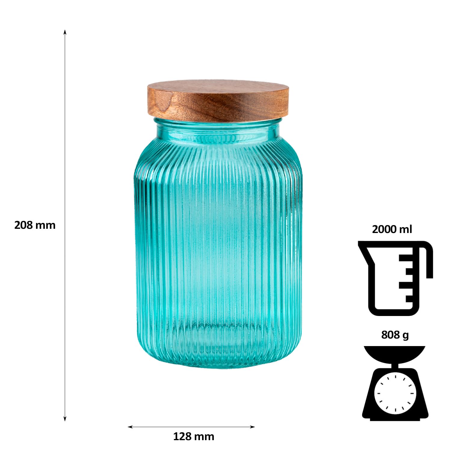 Pojemniki na zapasy ze szkła, zestaw 500 ml, 1000 ml, 2000 ml, 3000 ml, 4 słoiki żebrowane z drewnianymi pokrywkami, dekoracyjne szklane pojemniki na przyprawy, zioła, słodycze, turkusowe