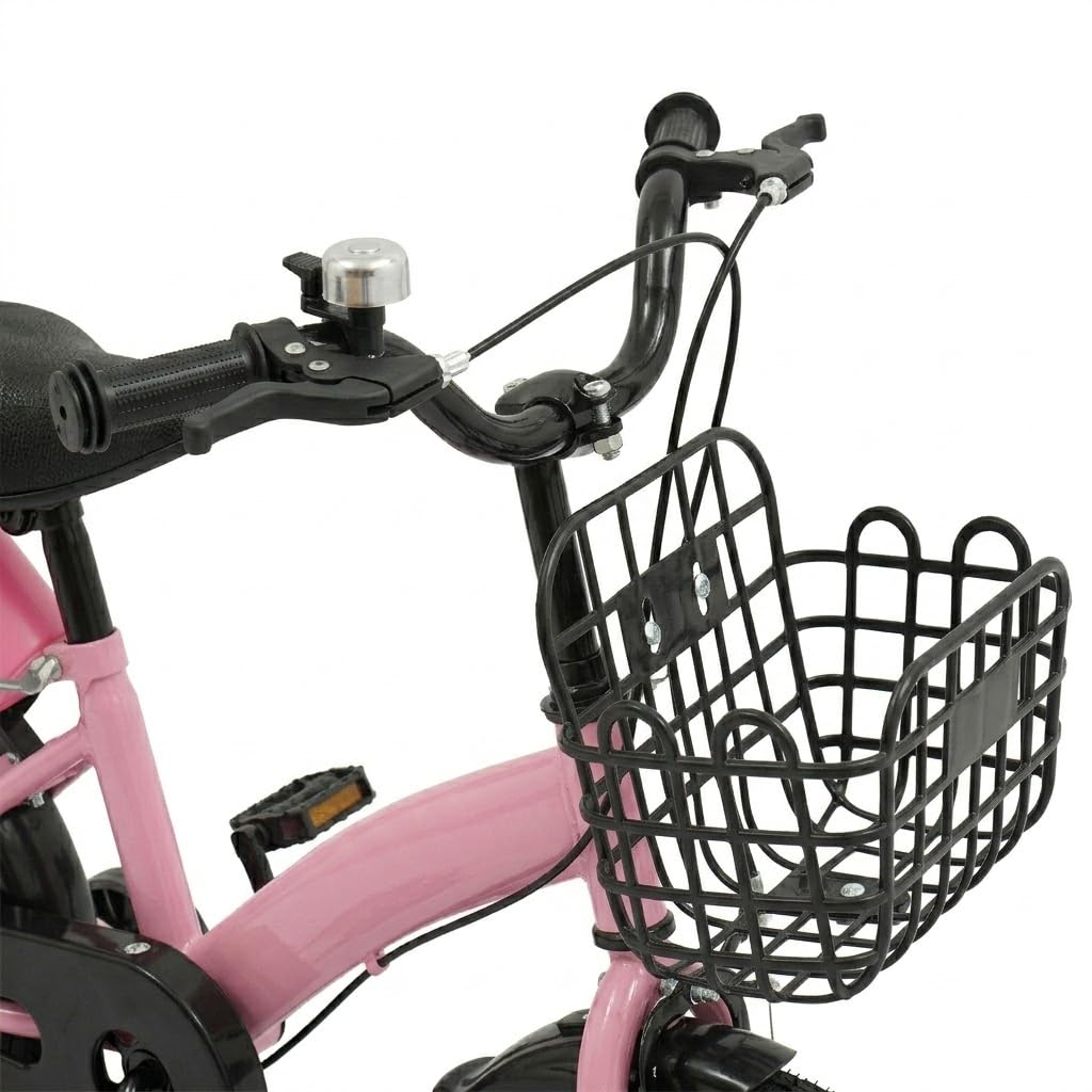 Bicicletta per bambini da 12 pollici a partire dai 2 ai 5 anni, manubrio e sedile regolabili in altezza, bicicletta per bambini con ruote di supporto, cestino e bottiglia d'acqua, colore rosa, robusta