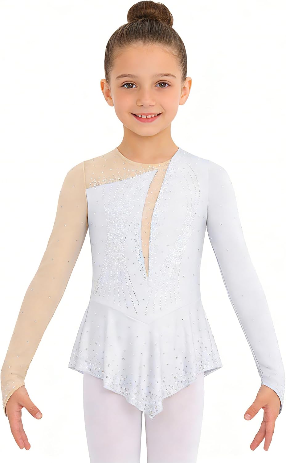 FEESHOW Kids Girls Contemporary Tutu Skirted Leotard | Long Sleeve Figure Ice Skating Dress Shiny Rhinestones Asymmetrical Dance Leotard Lyrical Dance Costume