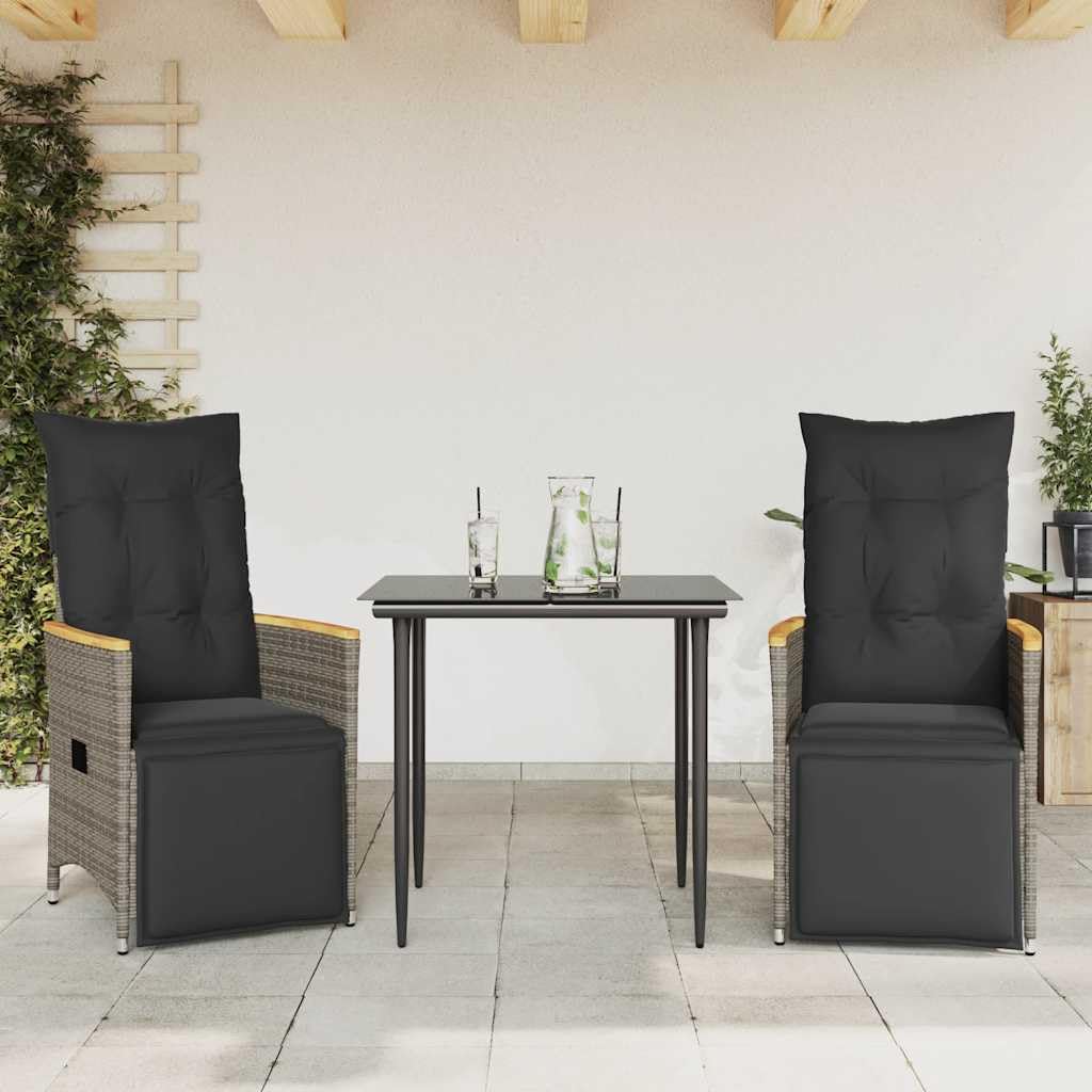 Sillón de jardín ajustable con cojín, 2 piezas, polirratán, color gris, para exteriores, con funda extraíble