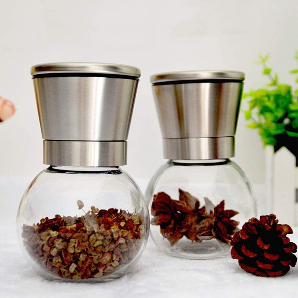 Stainless Steel Salt and Pepper Mill Salt and Pepper Grinder Set Premium Glass Body and Adjustable Coarseness, Brushed Stainless Steel Salt and Pepper Shakers.