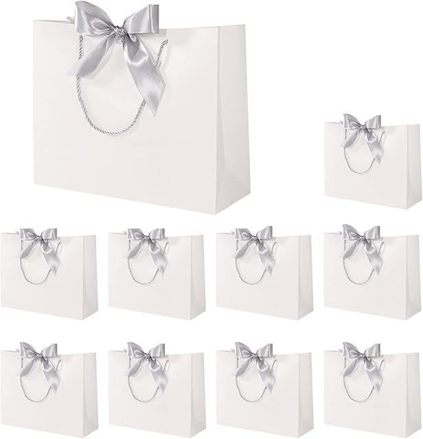 10 Pcs White Gift Bags with Silver Bow Ribbon, Paper Party Favor Bag with Handles Gift Bags Large for Wedding Graduation Birthday Party Celebration Present Bags, 12.6x9.8x4.3 Inches
