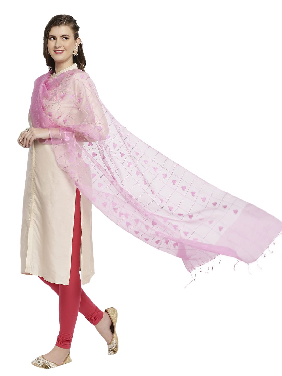 dupatta bazaar Women's Baby Pink Checkered Woven Organza Dupatta-picture-16