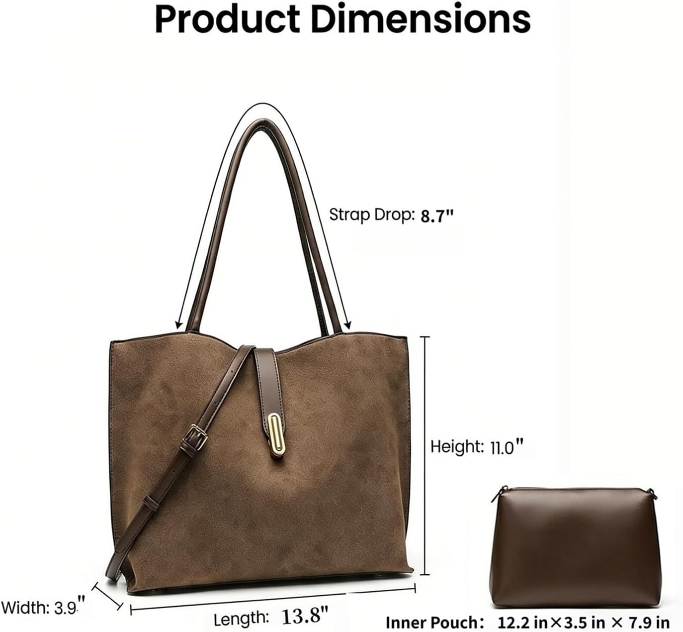 Suede Vegan Leather Tote Bag for Women,UPGRADED LARGER SIZE 2-in-1 Shoulder Handbag with Removable Pouch,Work & Daily Use