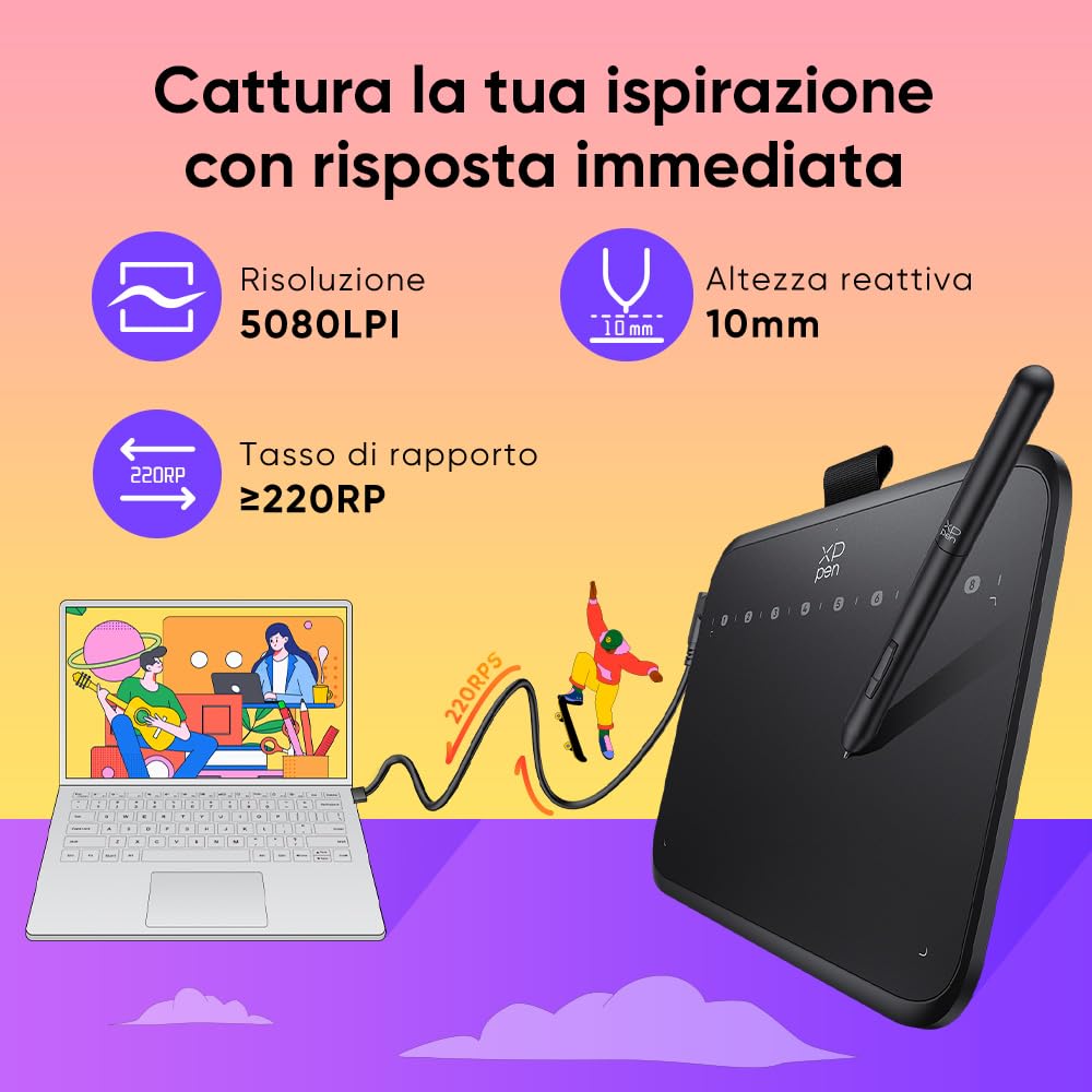 XPPen Deco 640 Tavoletta grafica, 16384 livelli di pressione, supporto inclinazione a 60°, 8 tasti, adatto per OSU, editing video, firma