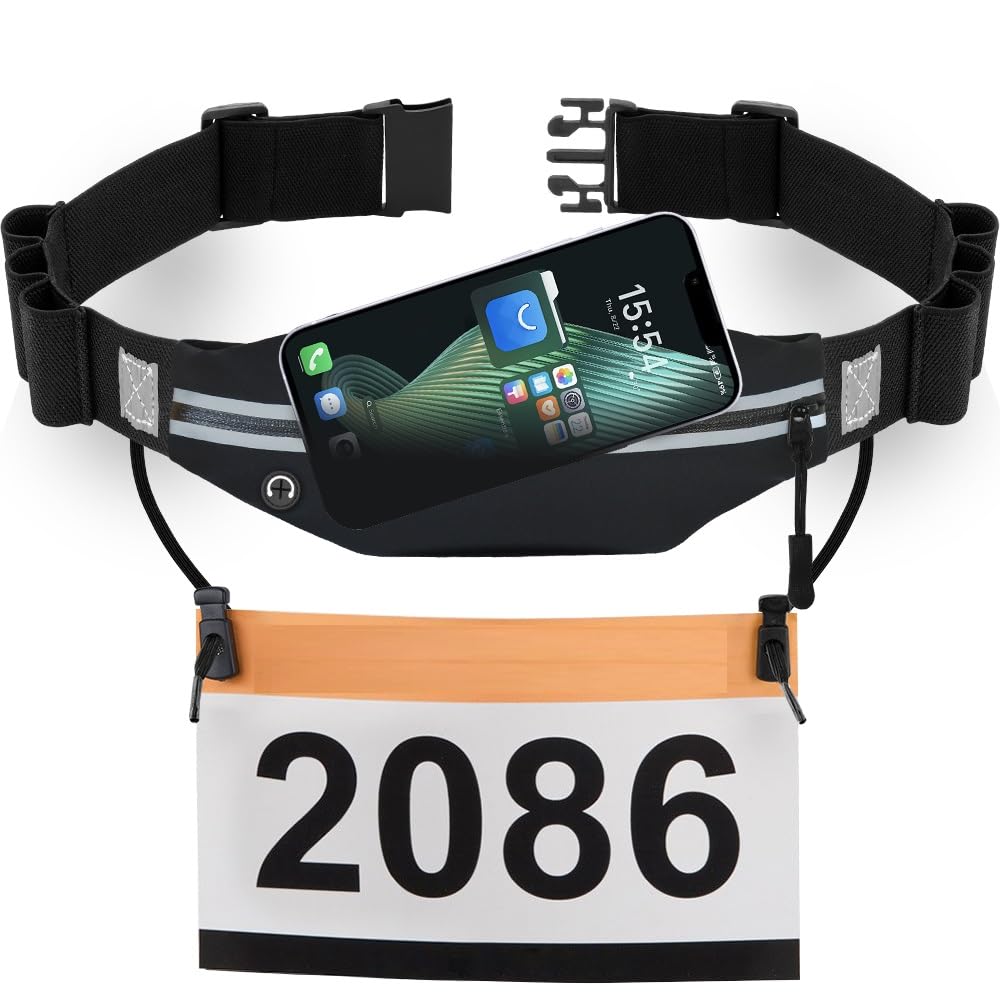 RJ-Sport Running Belt - Waterproof Sports Waist Bag, Triathlon Race Number Strap, Running Belt with Bum Bag & Adjustable Elastic Band & Number Holder & 6 Gel Loops