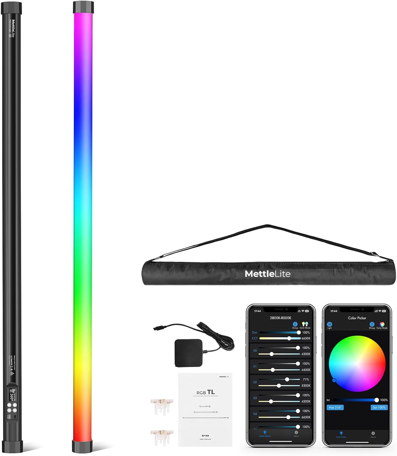 Mettlelite TLX4C RGB Tube Light, Full Color RGBWW LED Video Light Stick with APP DMX Control, 4ft 2800K-8000K, Customizable Light Effects, Rechargeable, CRI97+ TLCI98+ for Studio Photography Video
