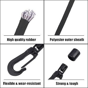 20M Bungee Cords with Hooks 5MM Elastic Rope with 10pcs Bungee Shock Cord Hooks and 10pcs Plastic Clips for Drawstrings, Heavy Duty Elastic Rope for Tarpaulin Trailer Backpack Tene Luggage