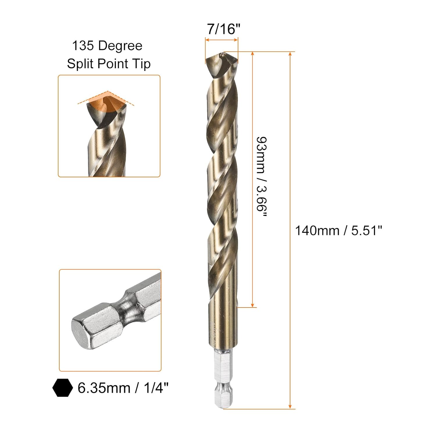 HARFINGTON 4pcs 1/4" Hex Shank Drill Bit 7/16" Gold Oxide M35 High Speed Steel Twist Drill Bit 135 Degree Split Point Tip Drilling Tool with Quick Change Hex Shank for Metal Wood Plastic