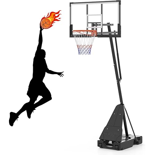 Garvee Basketball Hoop Outdoor Portable 48 Inch Backboard, 4.92-10ft Quickly Adjustable Basketball Goal System with Wheels for Court/Backyard/Driveway