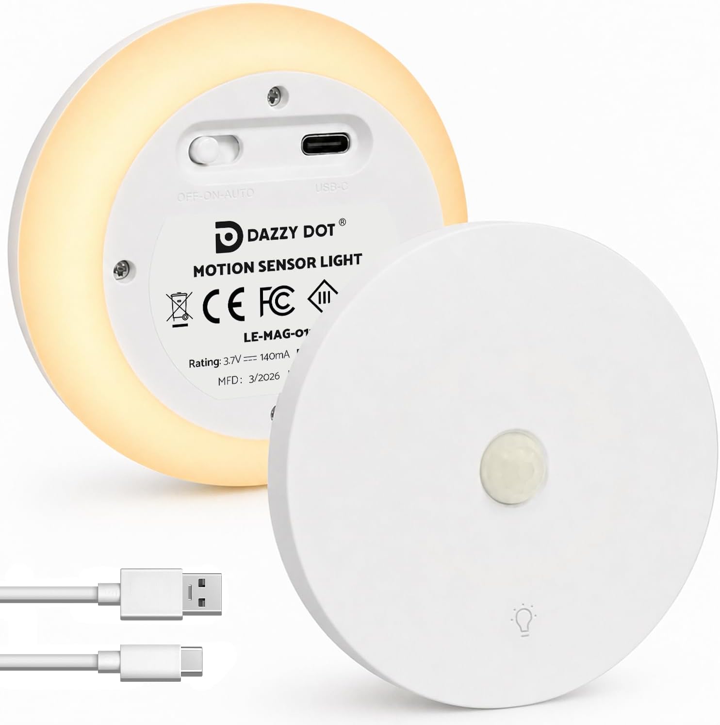DAZZY DOT Rechargeable Night Light Motion Sensor, 2 Pack Stair Lights