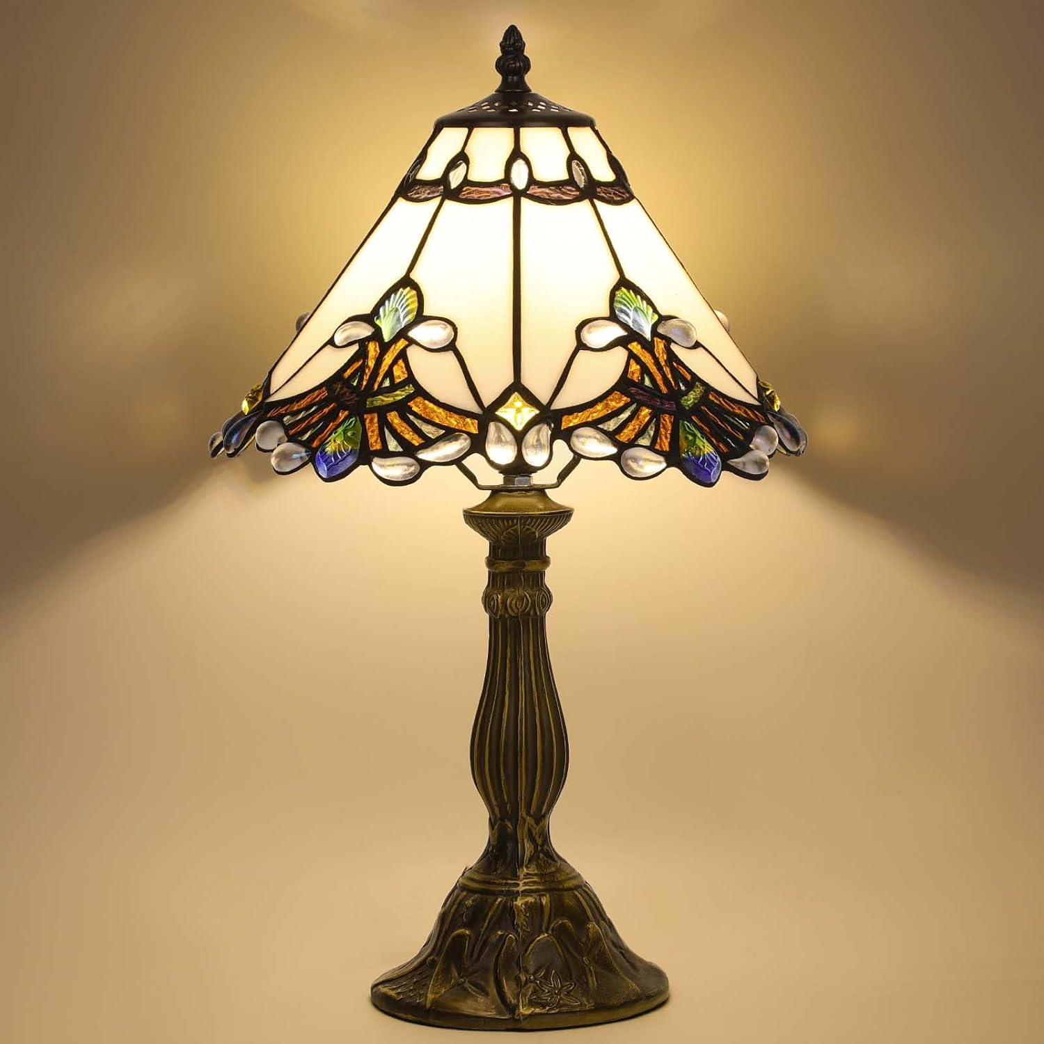 Stained Glass Table Lamp, White Pearls Baroque Style Lampshade Reading Light 12X12X22 Inches, Adjustable 3 Color Temperature Decor for Bedroom Living Room