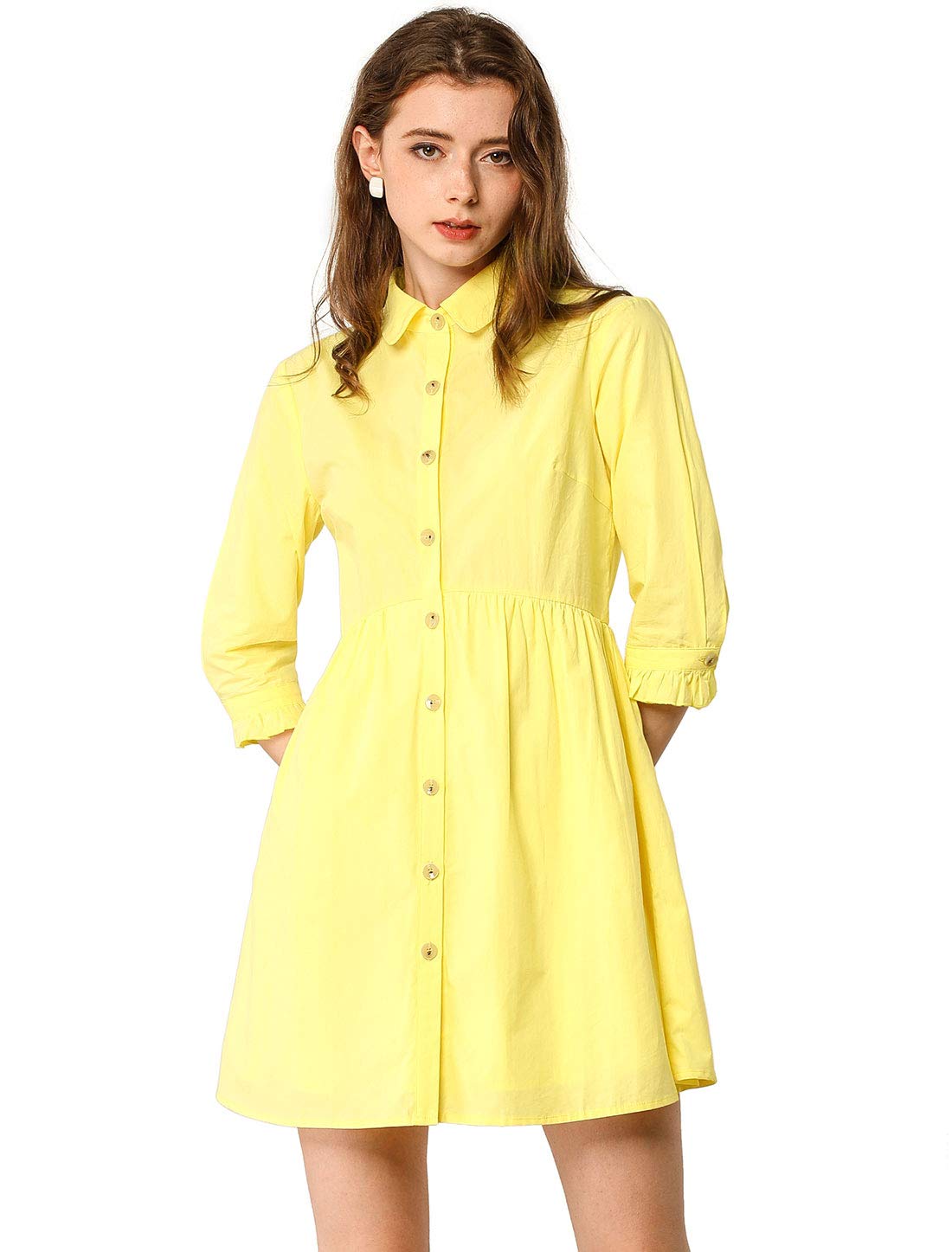 Allegra K Womens Shirt Dress Button Down 3/4 Sleeve Mini Shirtdresses