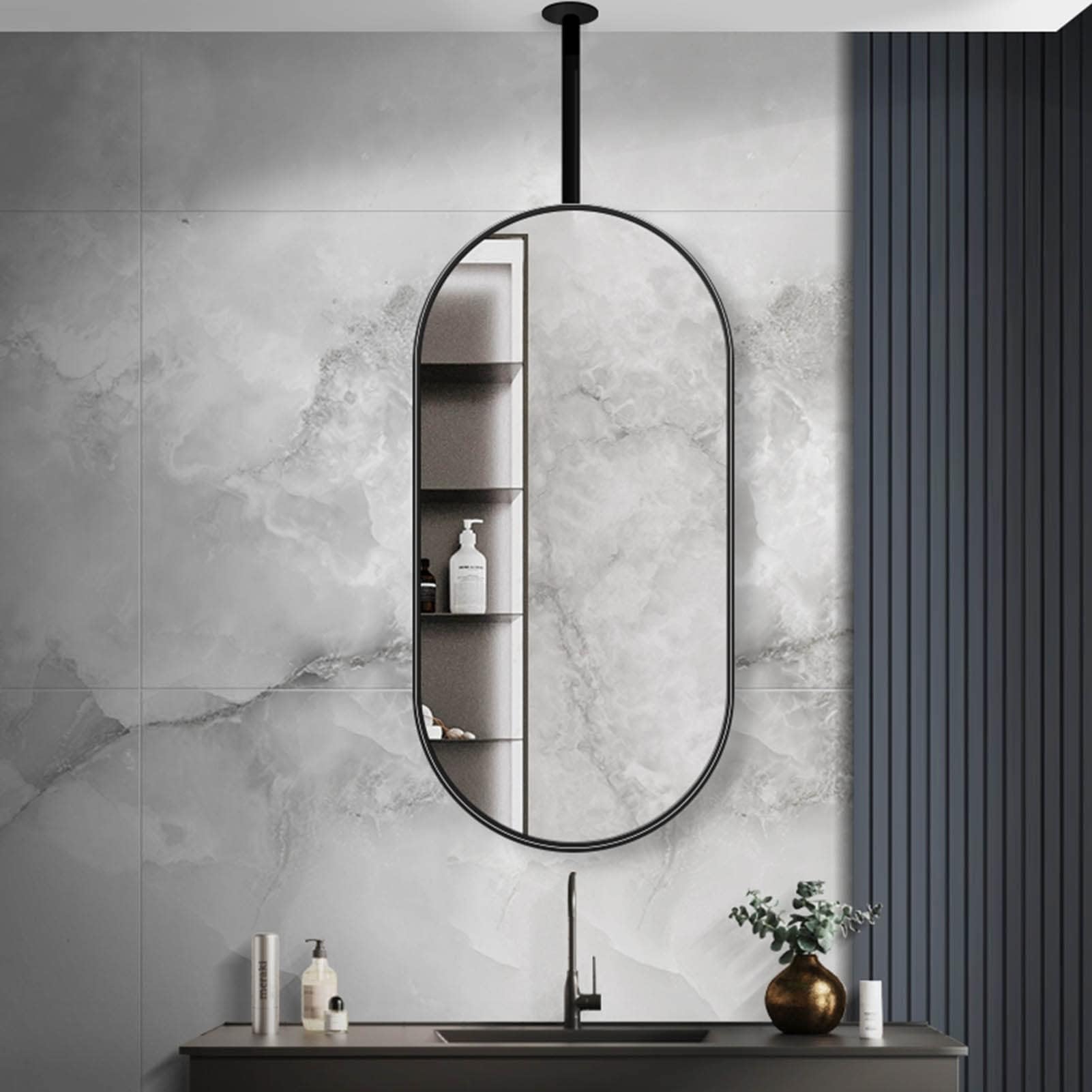 DXZ-Design Ceiling Hanging Floating Mirror with Oval Metal Frame, Wall Vanity Make-up Mirror Creative Decorative Mirror for Bathroom Living Room - Black (Size : 40cmx60cm)