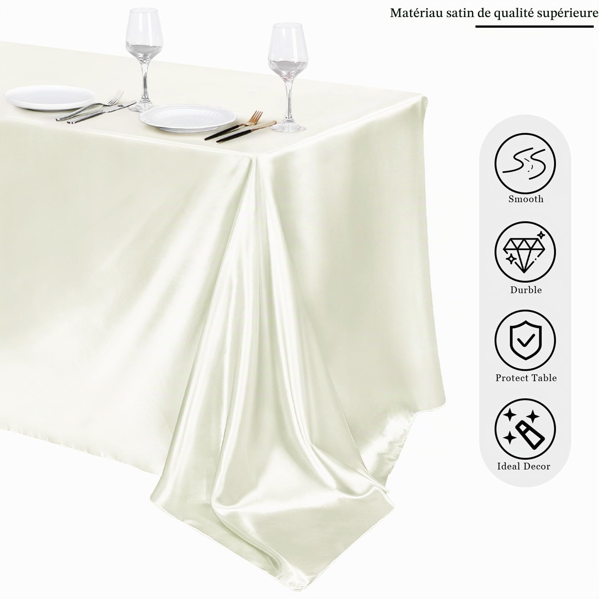 TURSTIN Lot de 4 nappes rectangulaires en satin de soie brillante pour décoration de table de mariage, banquet, fête, événements, 259,1 x 147,3 cm, ivoire