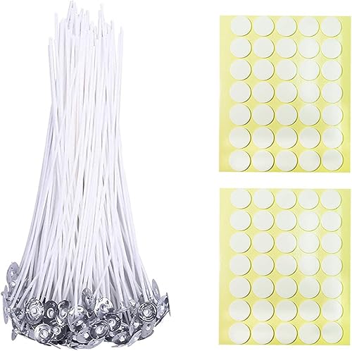BEADNOVA Mechas de velas de 8 pulgadas, 50 piezas con calcomanías para velas, mechas grandes de algodón y mechas de vela de doble cara, calcomanías