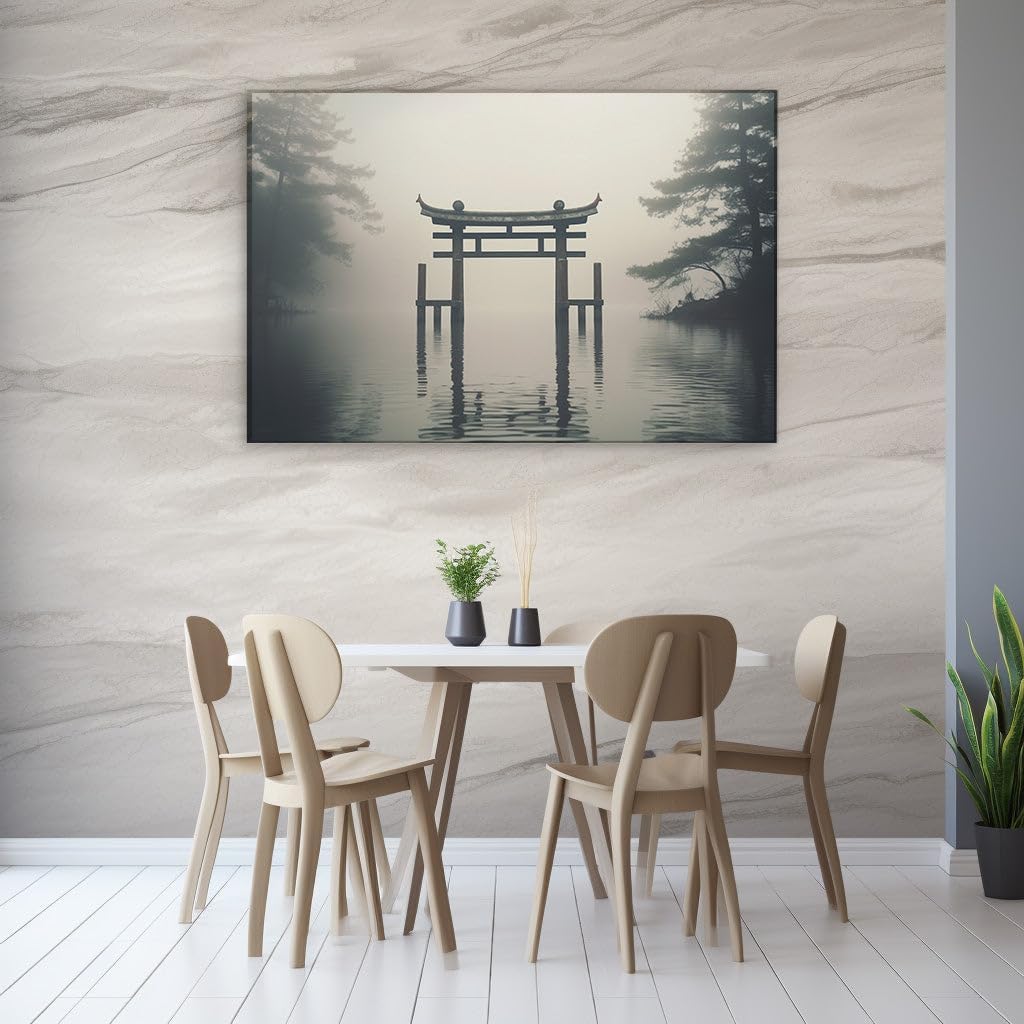 Canvas for Living room. Mystic Shores and the Solitary Torii Gate � A Vision of Japanese Tranquility Wrapped in Mist, 27 x 18 inch Canvas Wall Art - Watercolor Painting - Zen Wall Decor