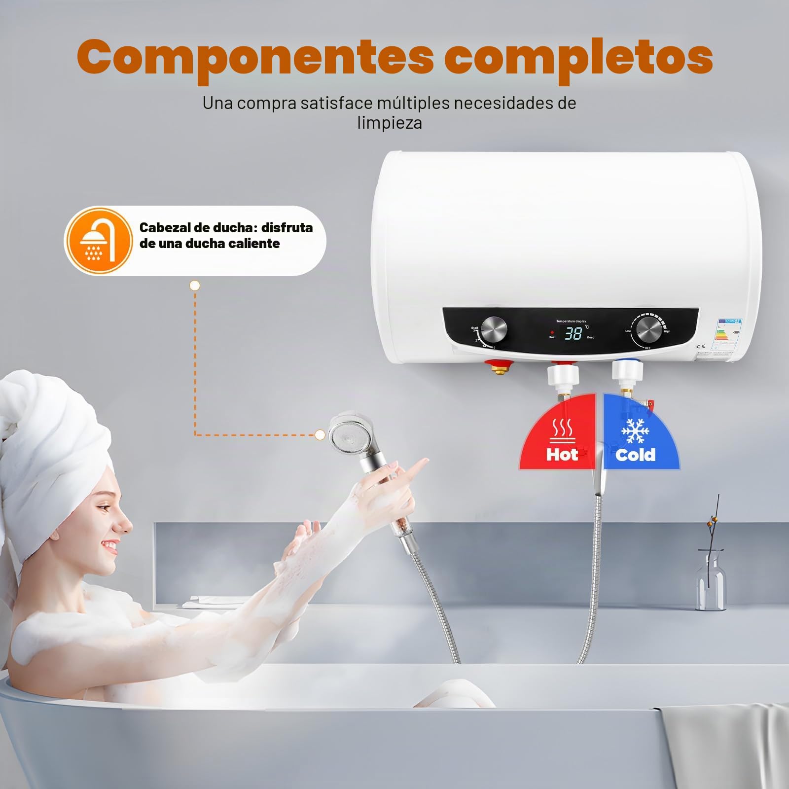 Calentador de agua eléctrico de 50L, calentador de agua, calentador de agua horizontal, baño, cocina, con alcachofa de ducha, manguera