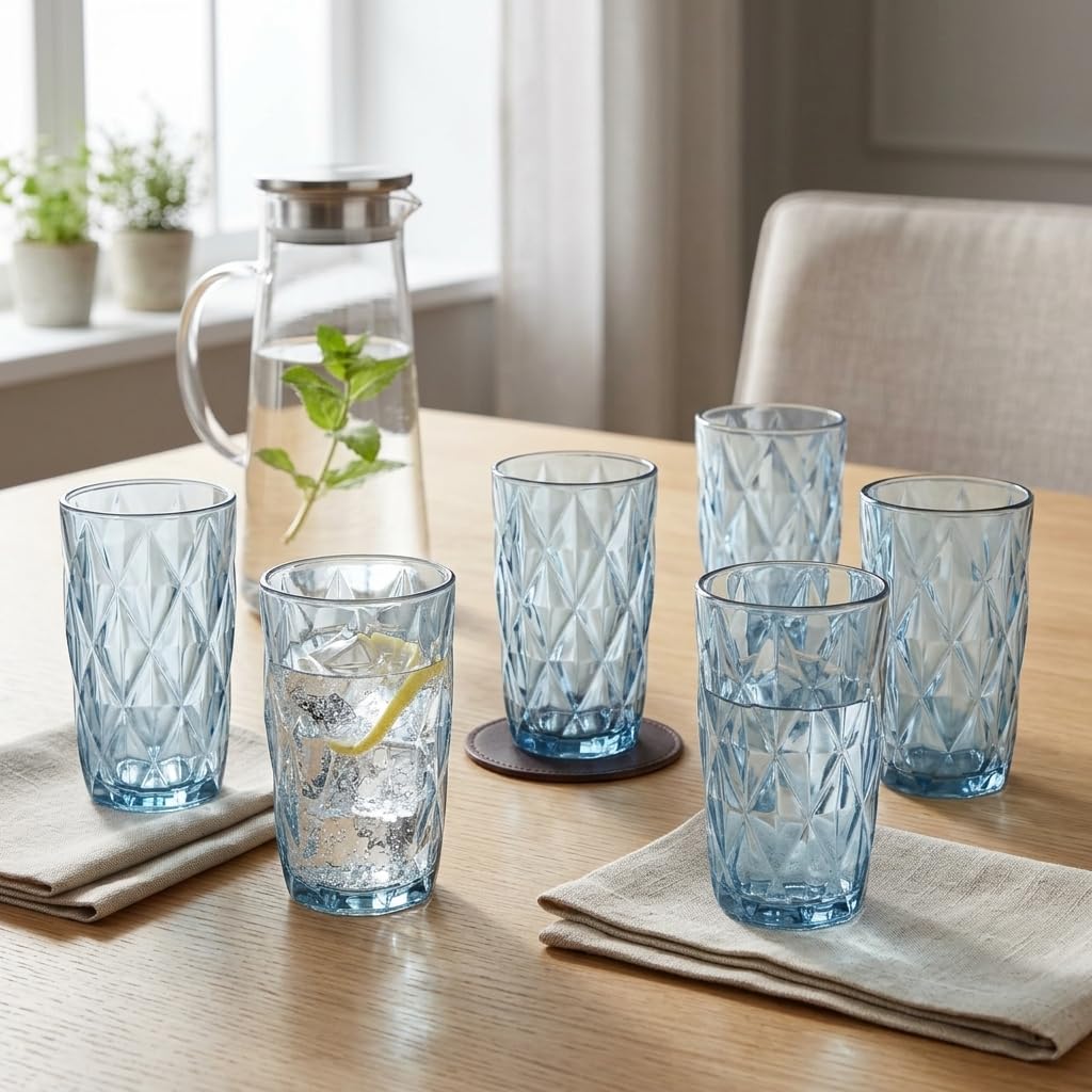 Deconox 6'lı Mavi Cam Bardak Seti - Vintage Kabartma Desenli Su, Meşrubat ve Kokteyl Bardağı Takımı (400 ml)