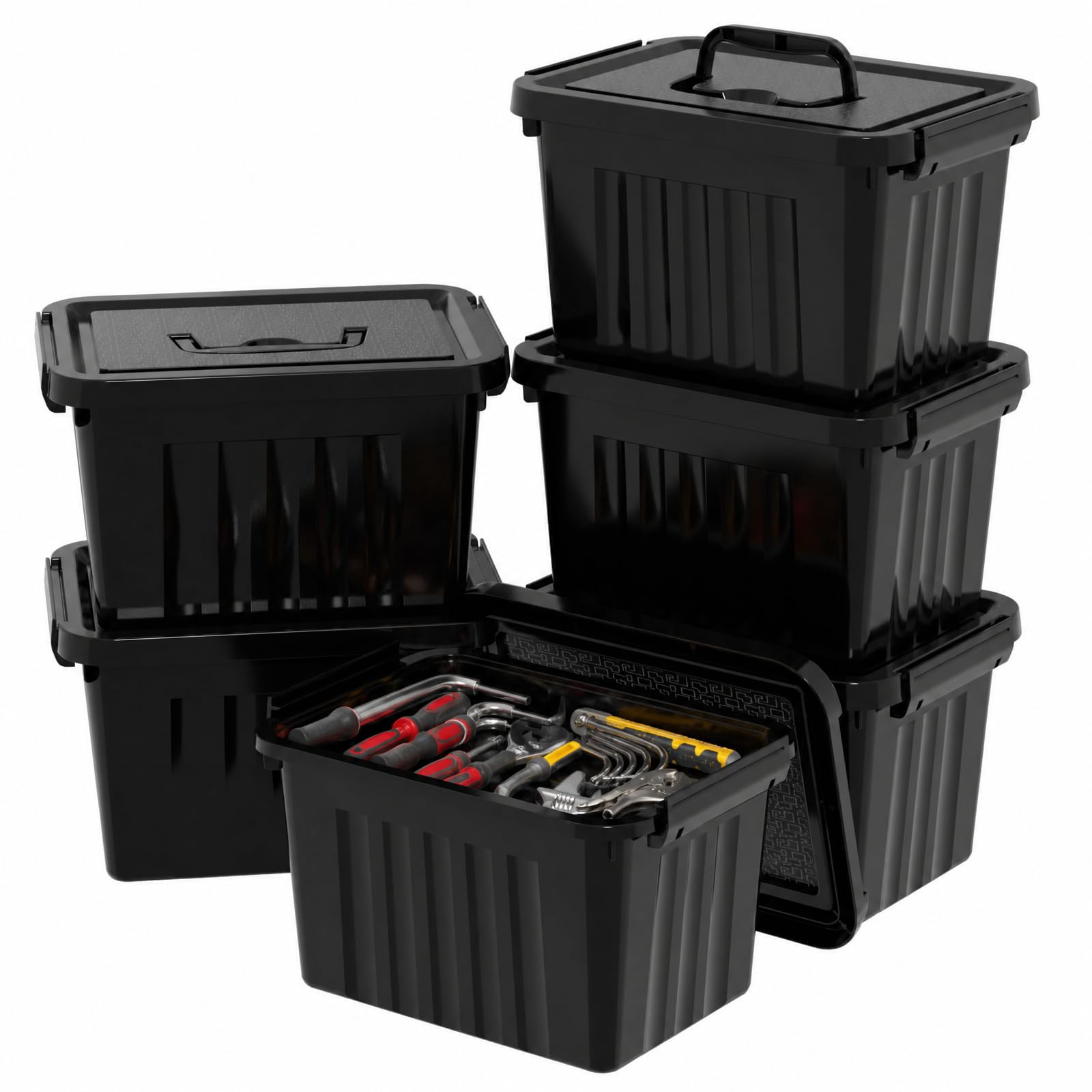Buyitt 7 Litre Storage Boxes with Lids Set of 6, Black Multipurpose Nestable Stackable Plastic Storage Box With Lid, Small Containers For Home, Kitchen, Garage, Office, Accessories