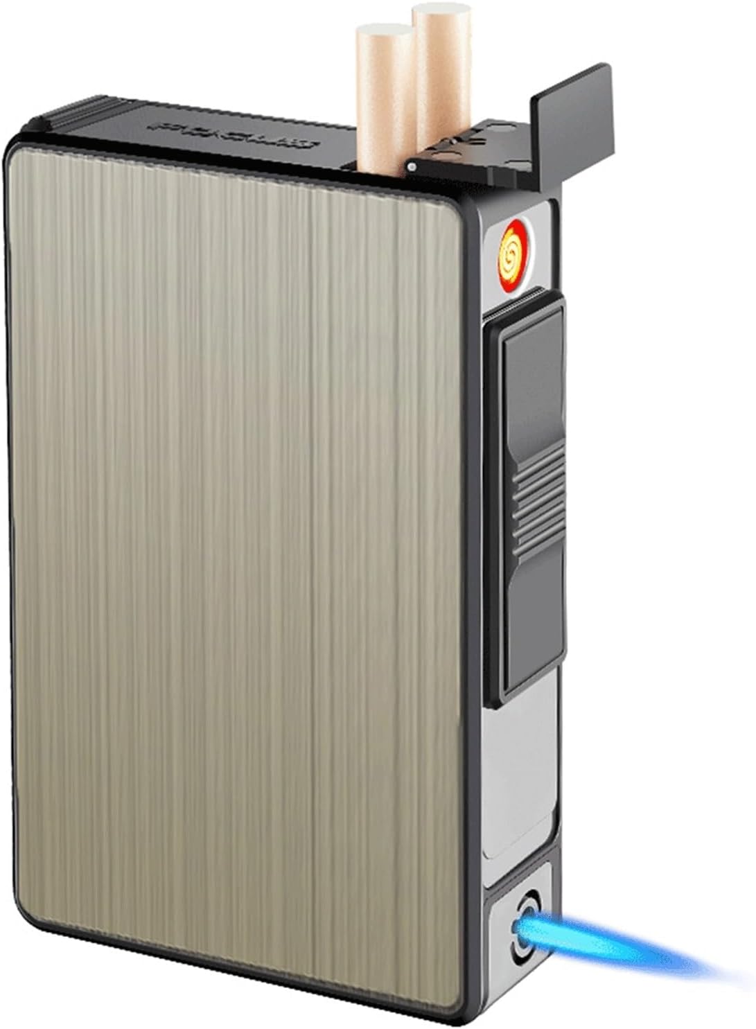 TARVIT Gold Brushed Cigarette Case with Built-in Electric Lighter, Torch Lighter, Automatic Ejection, Holds 20 Regular Cigarettes