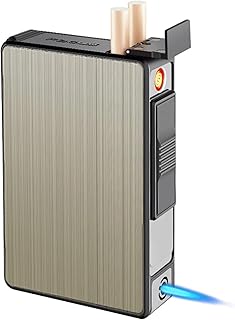 TARVIT Gold Brushed Cigarette Case with Built-in Electric Lighter, Torch Lighter, Automatic Ejection, Holds 20 Regular Cigarettes