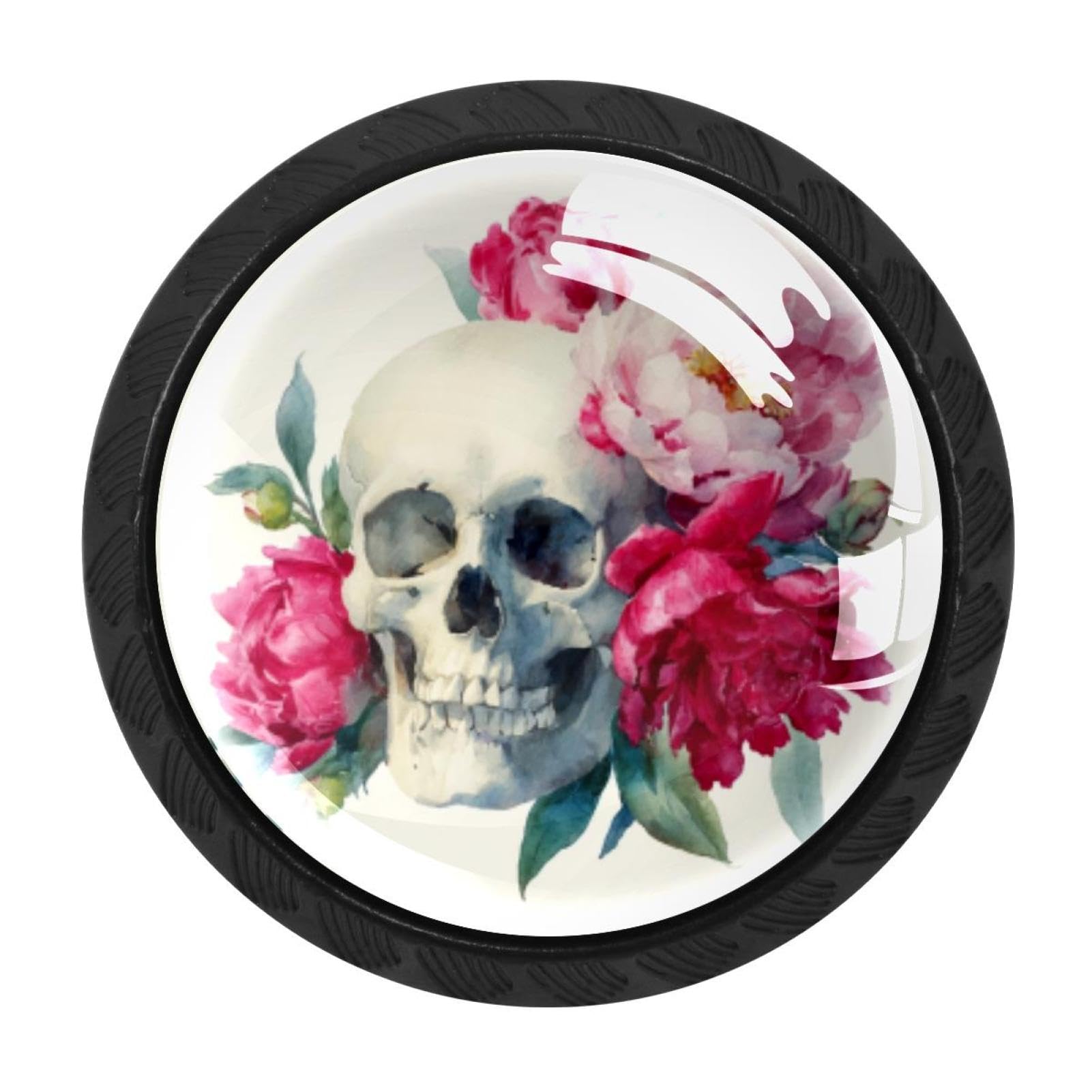 CHENZZZZ 4PCS Watercolor Skull and Peonies Flowers (3) Dresser Knob Round Glass Drawer Knobs Pulls Cabinet Handle for Home Kitchen Office Bathroom Wardrobe Cupboard