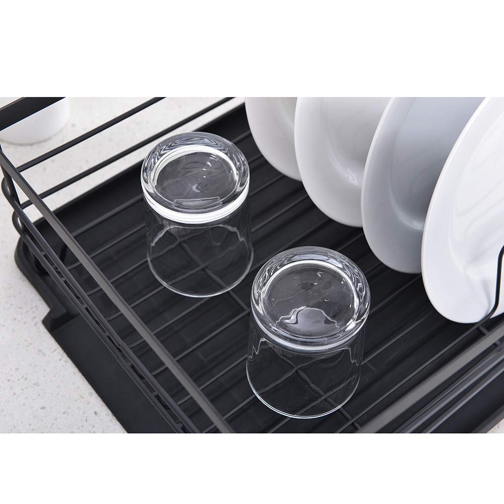 Popity home POPILION Dish Drying Rack, 3 Piece Kitchen Sink Side Dish Drying Rack, Metal Drying Rack, Dish Rack with Black Drainboard, Spoons and Knives Storage Box, Black
