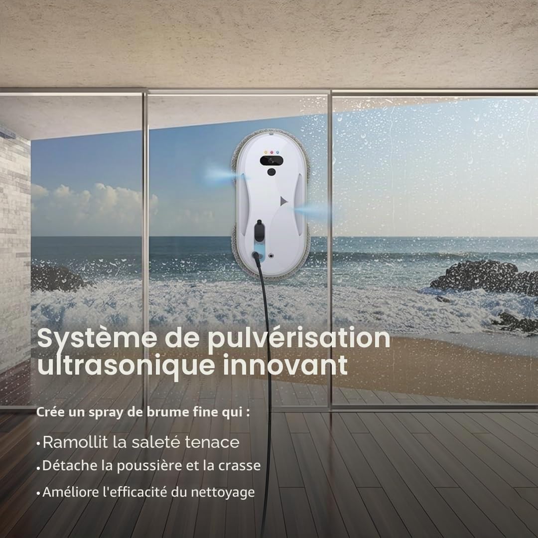 Robot nettoyeur de vitres intelligent avec aspirateur 5600Pa, robot de nettoyage automatique de vitres intelligent avec détection des bords, système de corde de sécurité et télécommande pour fenêtres
