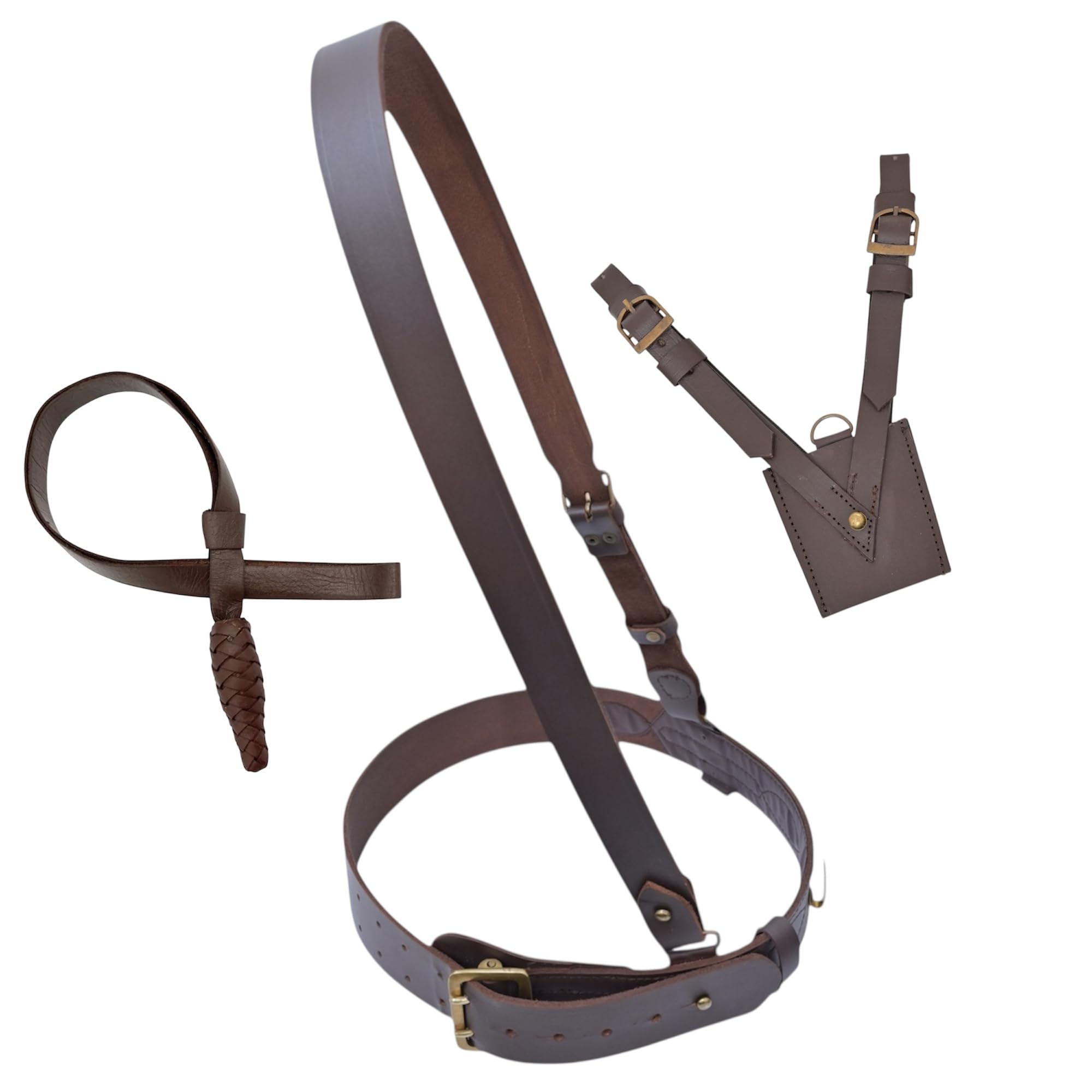 Sam Browne - Juego de cinturón con rana espada y nudo, cinturón de oficial militar marrón de cuero genuino con hebillas de latón, correa de hombro de tamaño ajustable, accesorio de uniforme táctico