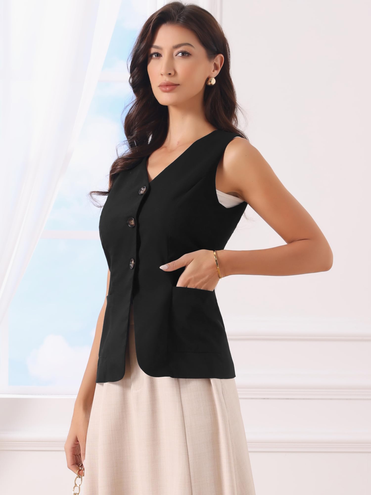 Allegra K Damen Weste Ärmellos Baumwolle Sommer Knopfleiste V-Ausschnitt Blazer Top