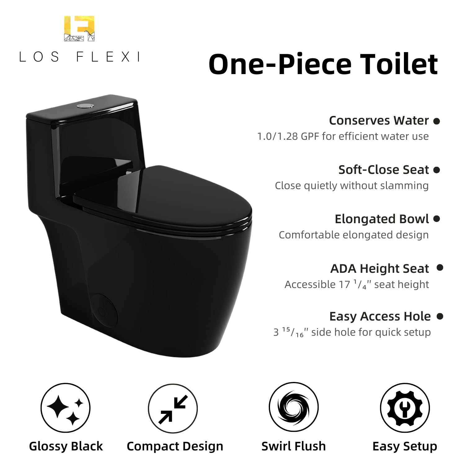 Inodoro negro con descarga de remolino sin borde, inodoros modernos y alargados de una pieza ADA de 17.3 pulgadas para baños, doble descarga de 1.0/1.28 GPF, altura de silla cómoda